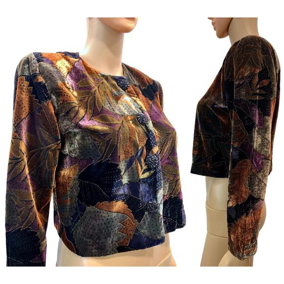 80s Cropped Painted Velvet Jacket | Metallic Brown Purple Rust | SP - Picture 7 of 9